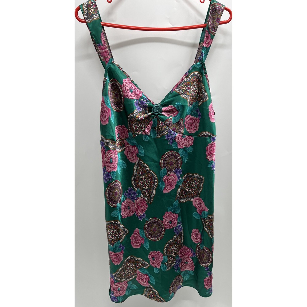 Adonna Satin Nightgown Women's Green Roses Size Large - Picture 5 of 6